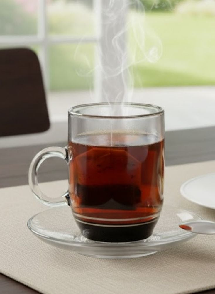 بريميم طقم فناجين شاي زجاجية شفافة مع صحون مكوّن من ست قطع بقاعدة سوداء - Image 2